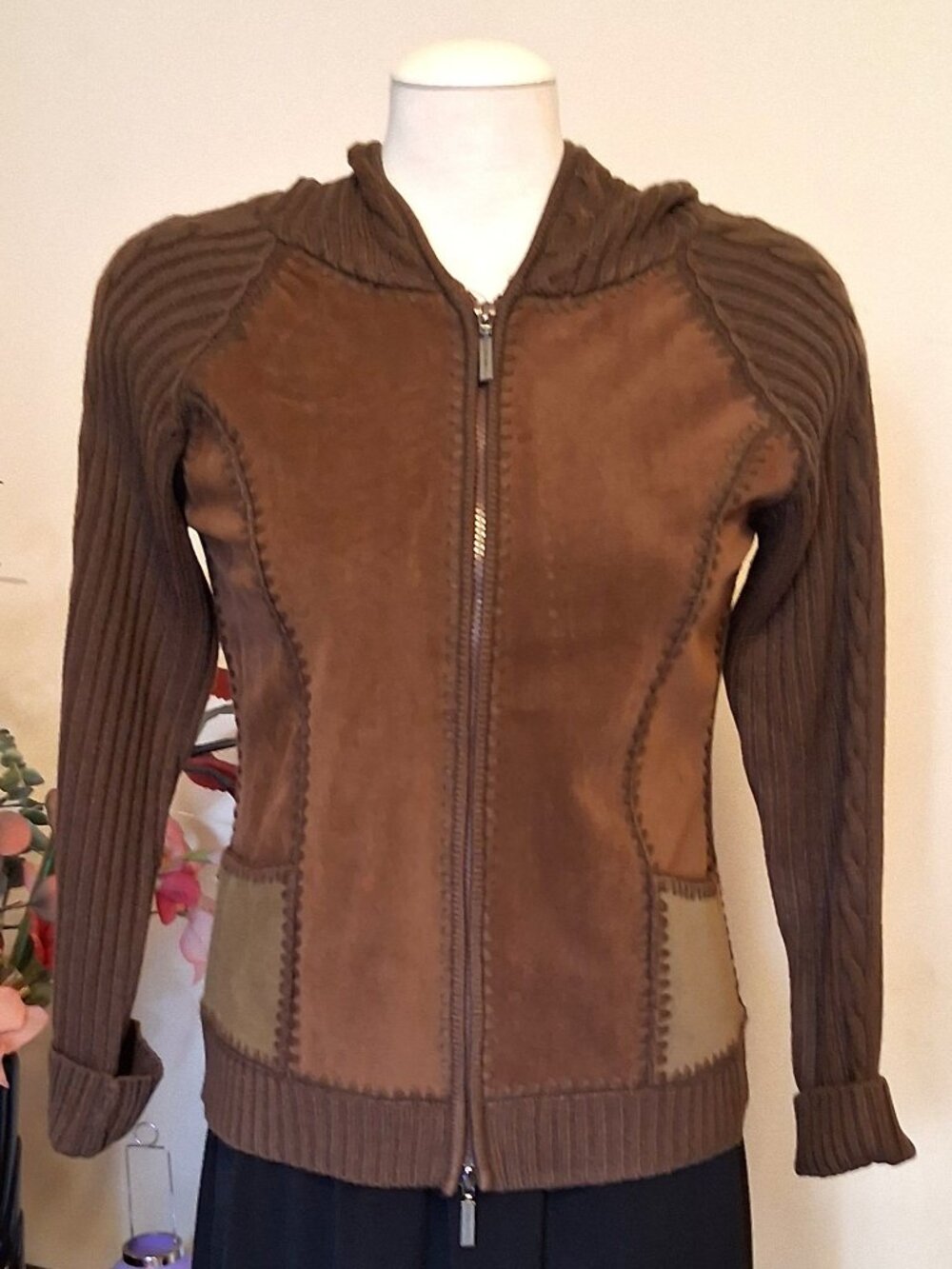 Quality Structured Knit Zip-Up Cardigan Brown Hooded Sweater Women M